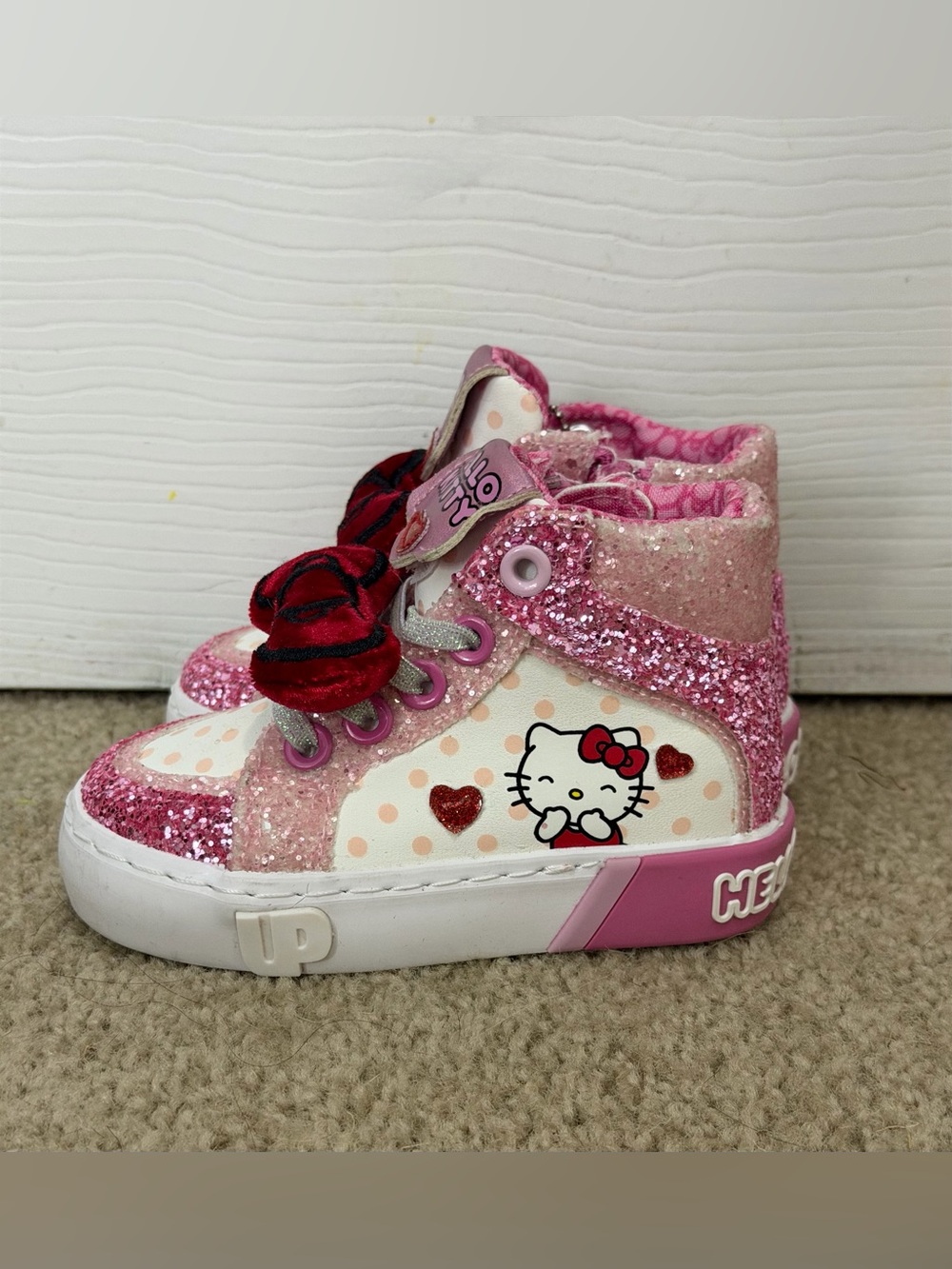 Ground Up Hello Kitty Pink Glitter High-Top Sneakers with Red Heart Accents